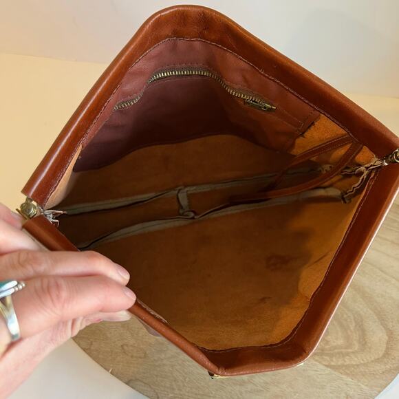 Vintage 90s Tan Genuine Leather Snap Closure Clutch Evening Bag - Picture 8 of 12